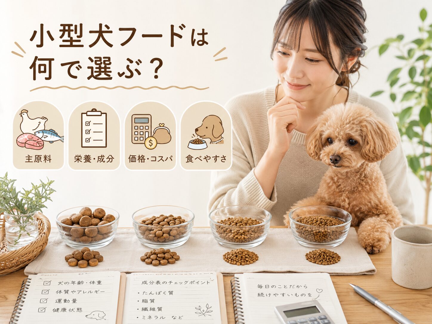 小型犬のフード選びで主原料・成分・価格・食べやすさを確認するイメージ
