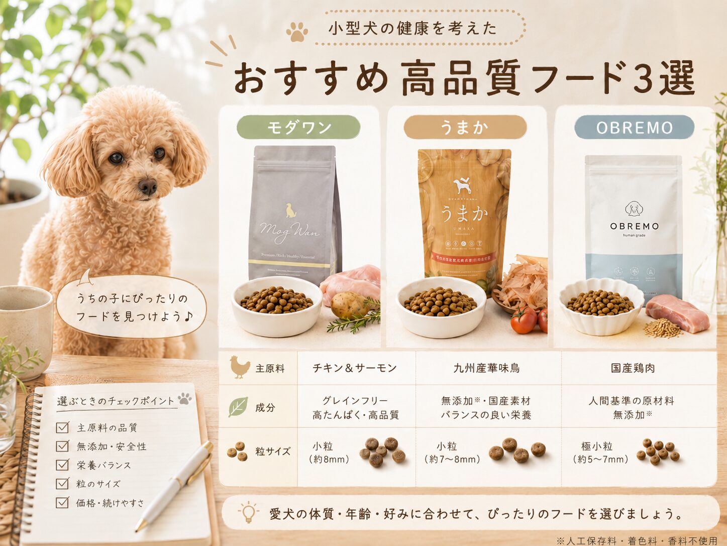モグワン・うまか・OBREMOの3つの高品質ドッグフードを小型犬目線で比較するイメージ