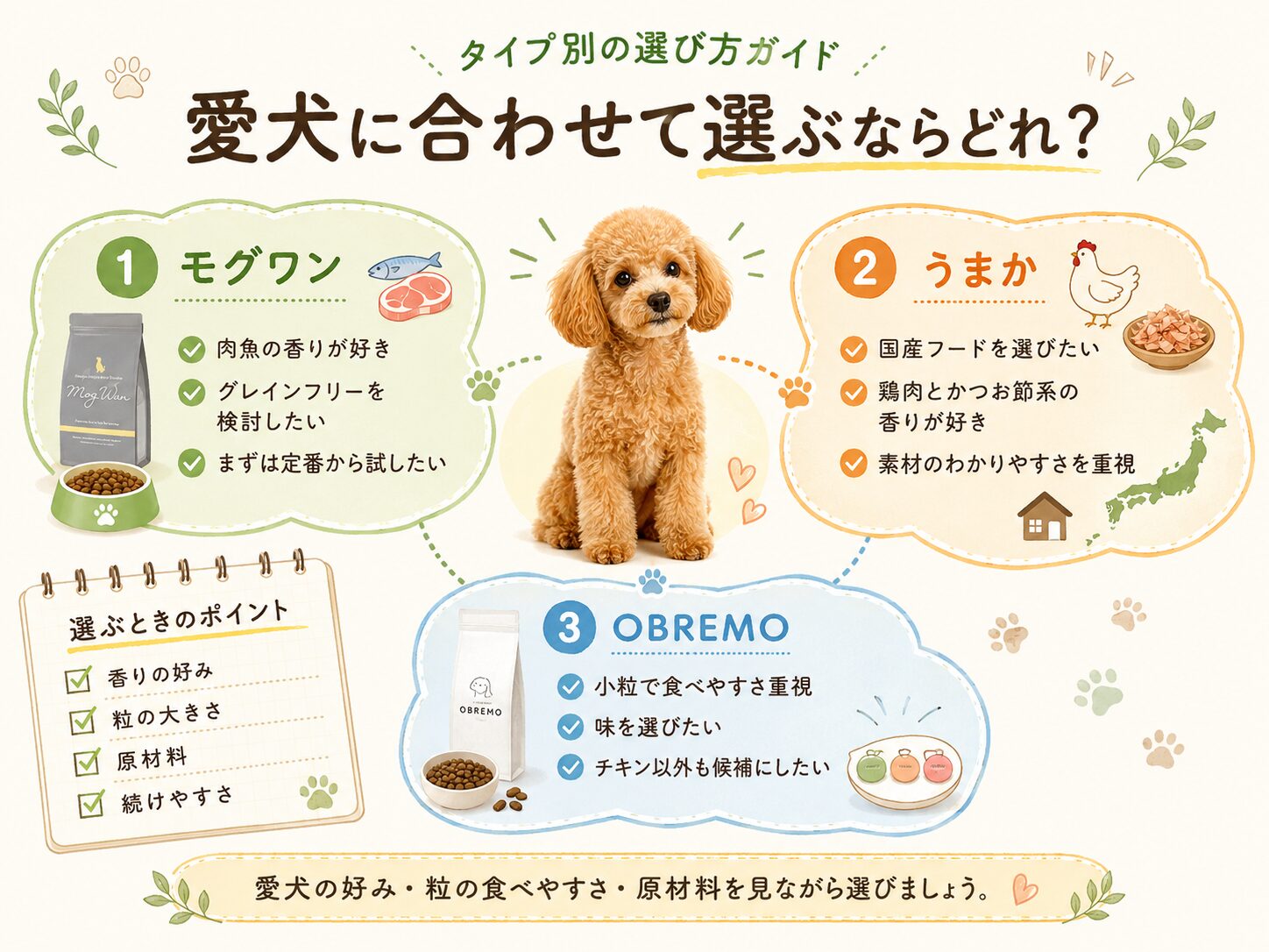 愛犬に合わせてモグワン・うまか・OBREMOの選び方をタイプ別に確認するイメージ