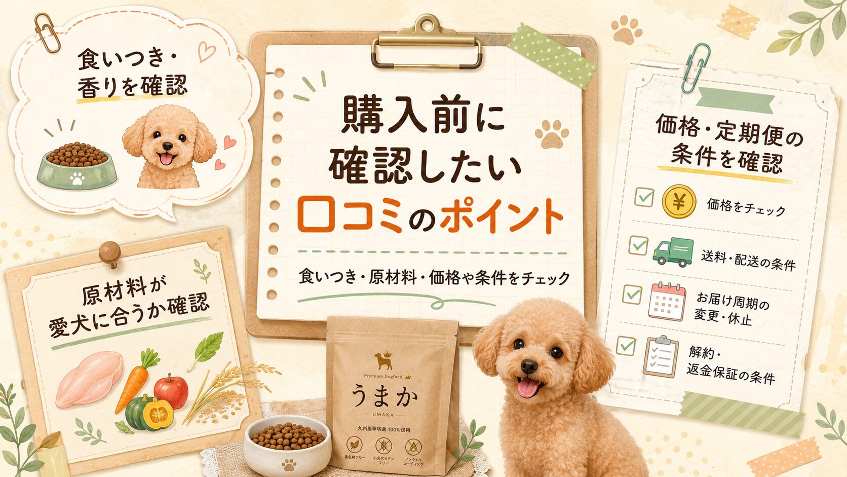 うまかドッグフードを購入前に確認したい口コミのポイントを、食いつき・原材料・価格や定期便の条件に分けて整理した図解