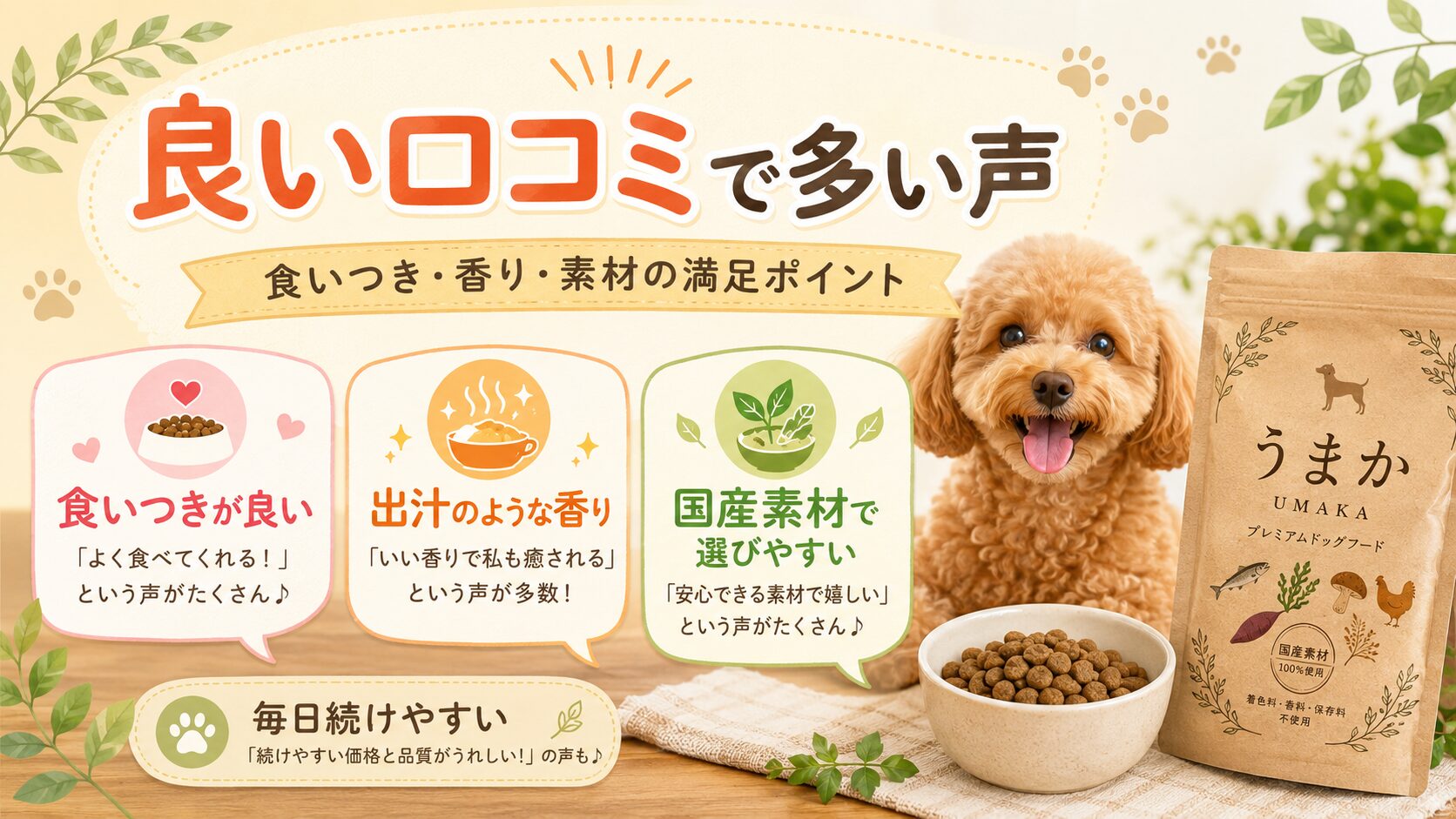 うまかドッグフードの良い口コミで多い声を、食いつき・出汁のような香り・国産素材の3つのポイントで紹介した画像