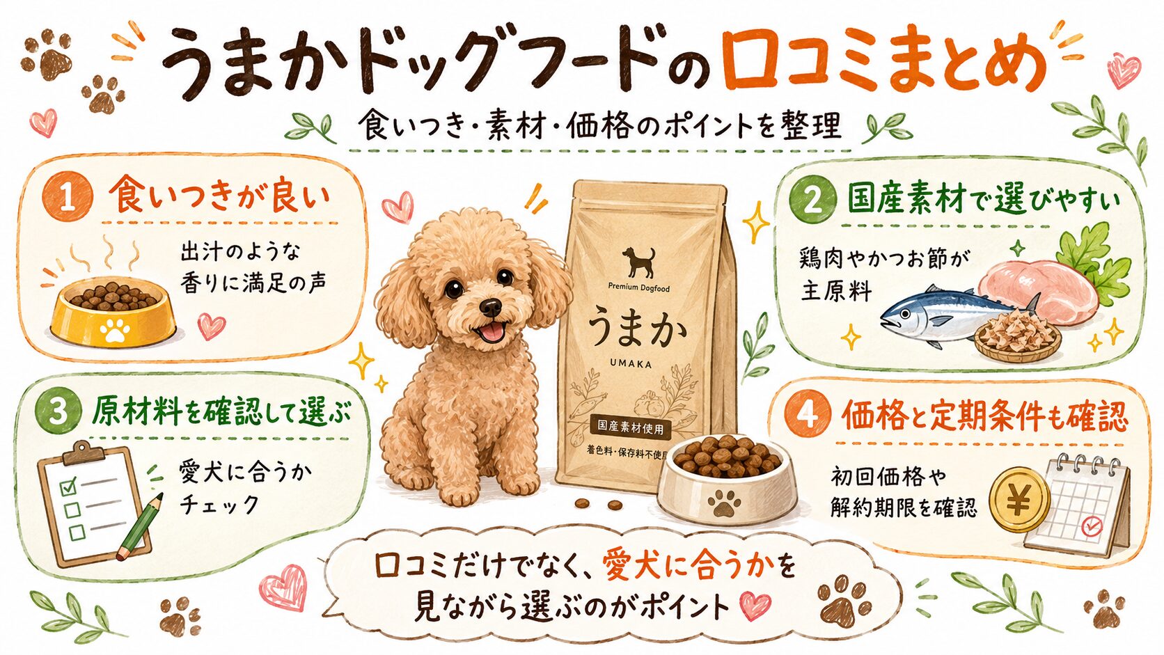 うまかドッグフードの口コミまとめとして、食いつき・国産素材・原材料・価格と定期条件のポイントを整理した図解