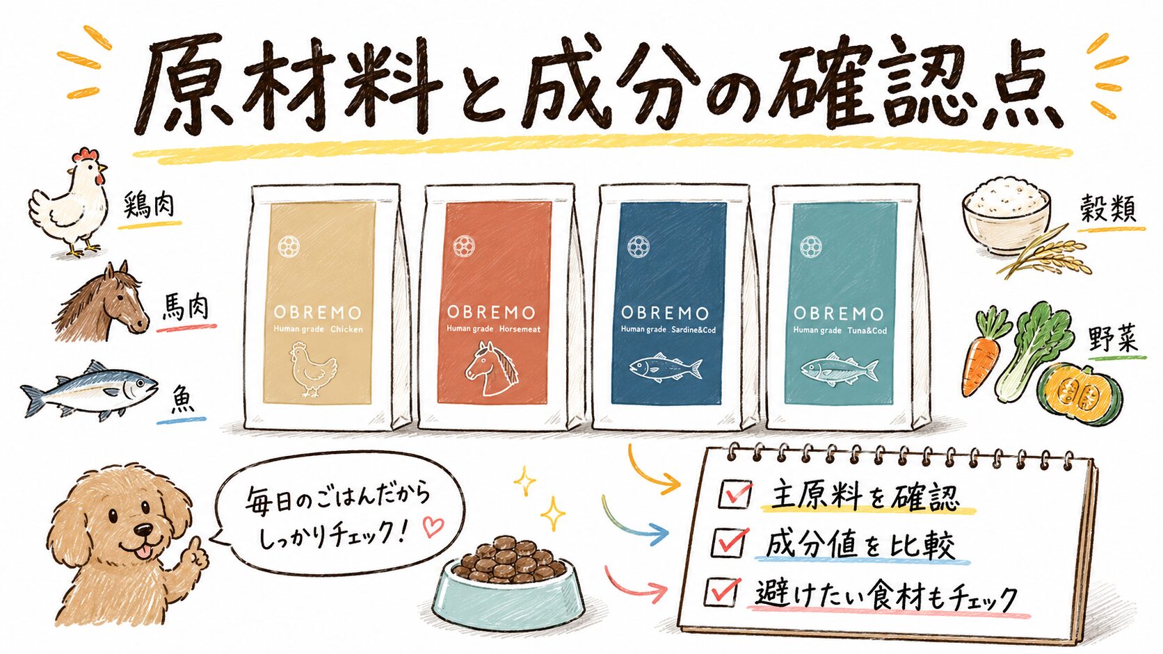 OBREMOドッグフードの原材料と成分の確認点を、ホワイトボード風でまとめた図解画像