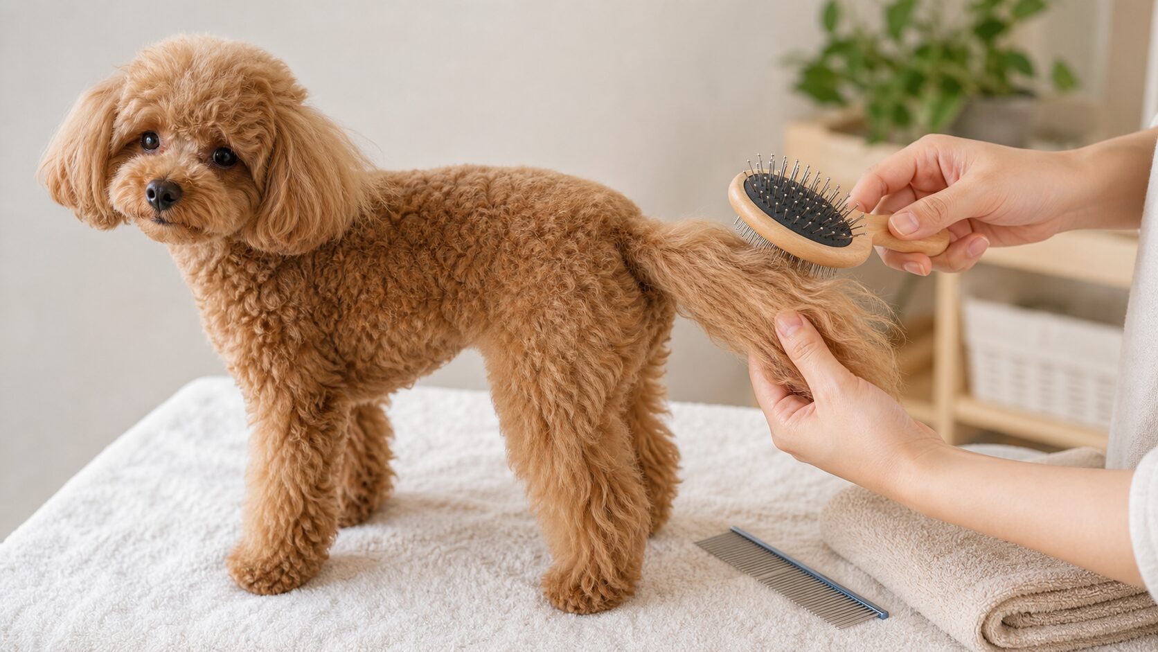 飼い主がトイプードルの自然なしっぽをやさしくブラッシングする様子