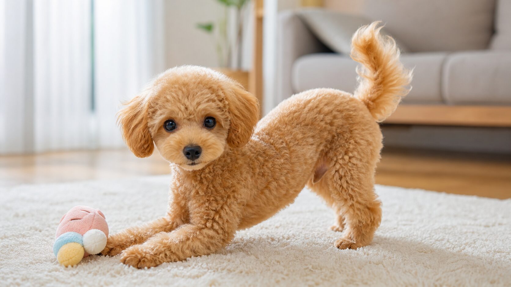室内で遊ぶ子犬のトイプードルが長いしっぽを上げている様子