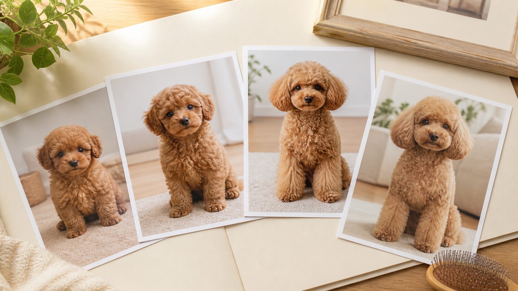 子犬期から成犬期までのレッドトイプードル写真を机上で見比べる写真風画像
