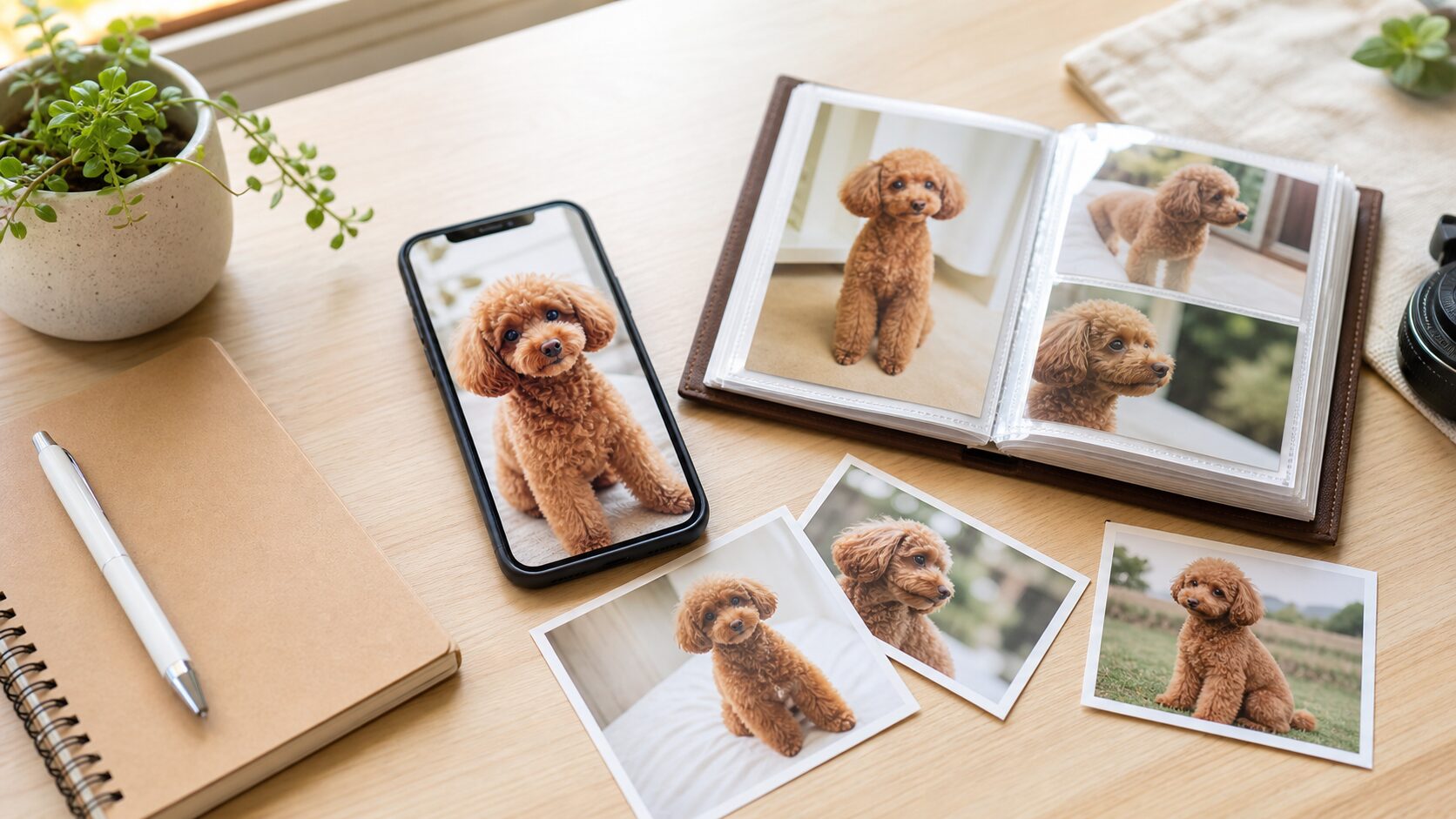 スマートフォンと写真アルバムでレッドトイプードルの写真を見比べる机上の写真風画像