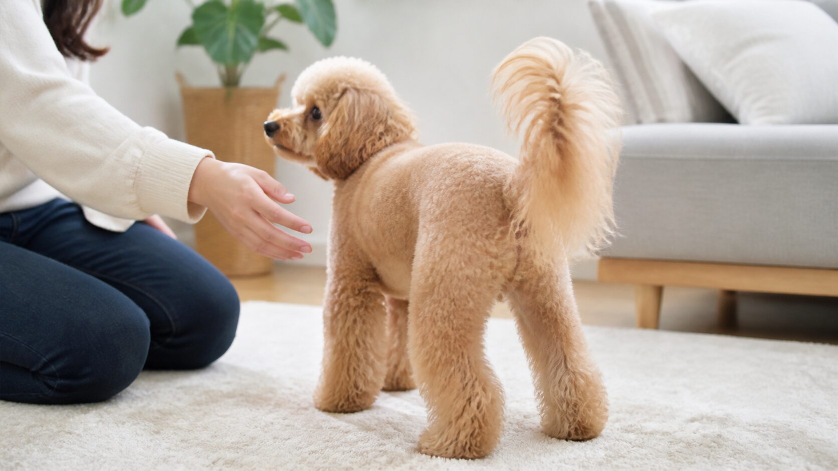 飼い主がそばで見守る中で長いしっぽを立てるトイプードル